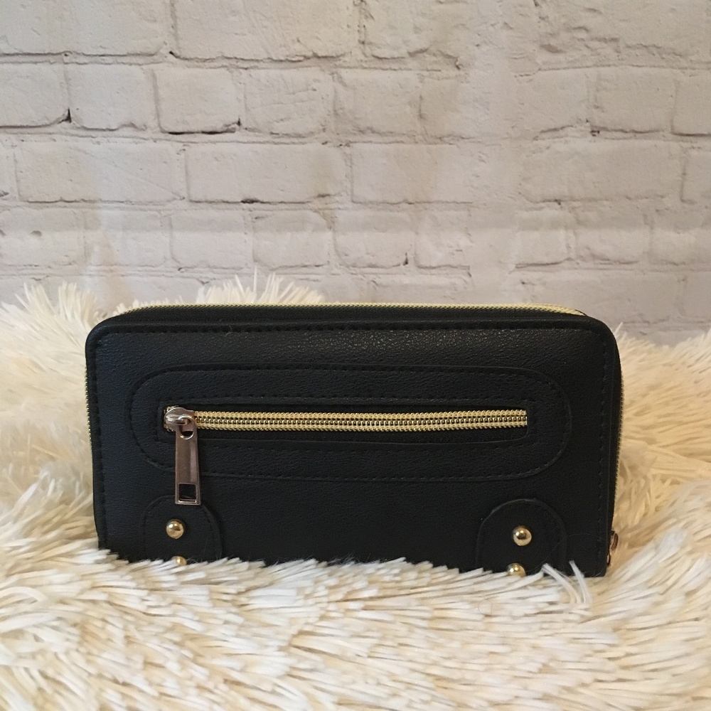 Double Zipper Wallet & Wristlet Strap (Black)